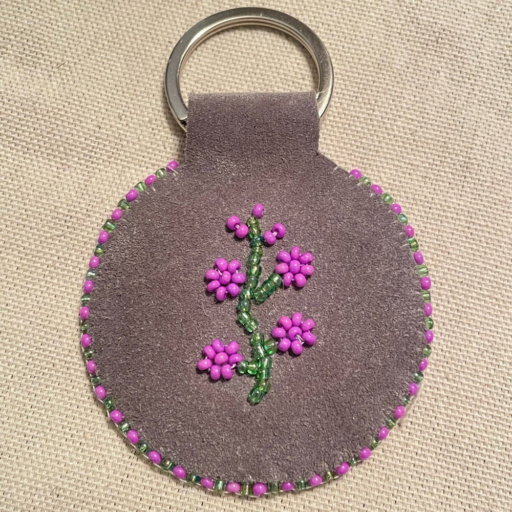 Beaded leather keychain - fireweed - handmade new